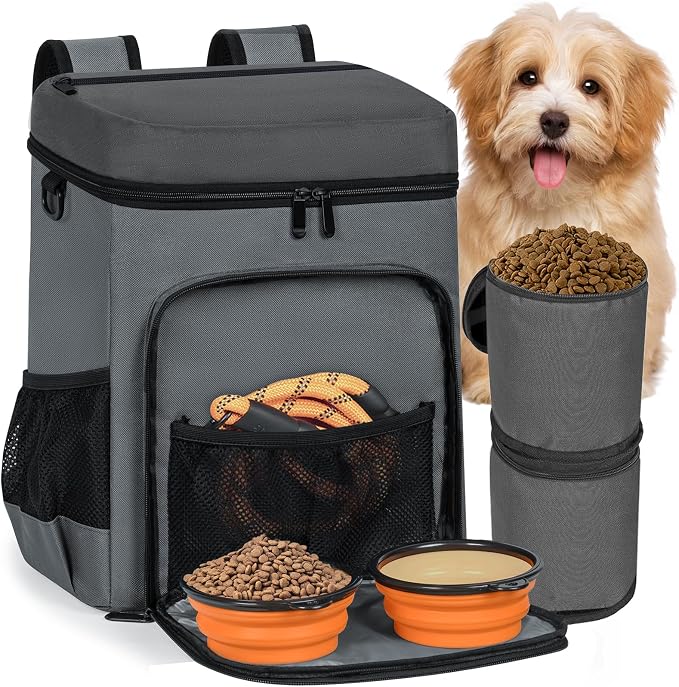 ANILD Dog Travel Bag Backpack, Flight-Ready TSA-Approved Dog Travel Bag with 2 Leak-Proof Food Canisters, 2 Foldable Silicone Bowls, Multi-Compartment Organizer for Hiking, Camping, Dog Mom Essentials by ANILD