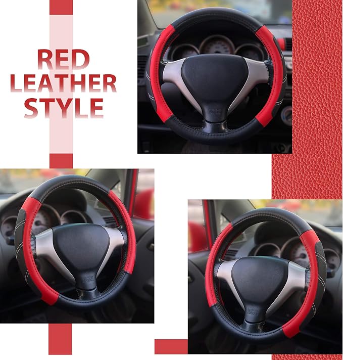 Elantrip Leather Steering Wheel Cover 15 1/2 to 16 inch Universal Large Grip Breathable for Car Truck SUV Jeep Anti Slip Black and Red - Image 4