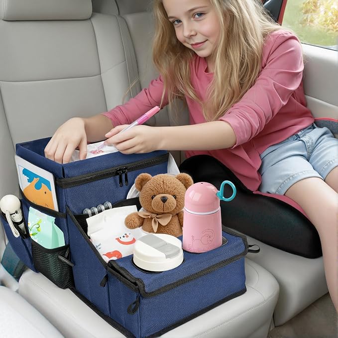 Backseat Organizer for Kids & Adults – Car Seat Cooler Warmer with 2-in-1 Writing Tray, Cup Holders & 11 Storage Compartments | Road Trip Car Organizer for Front & Back Seat (Black) (Navy Blue) - Image 11
