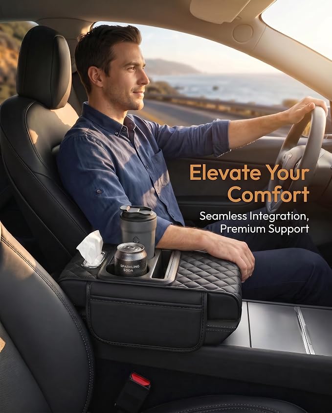 5-in-1 Car Center Console Cover Armrest Cushion with Cup Holder | 14.17x7.7x2.5" memory foam armrest cushion with tissue box & side storage pocket PVC leather protects console from pet claws - Image 4