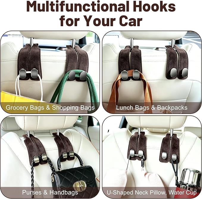SUKIPIN Car Hooks, Car Seat Headrest Hooks for Purses and Bags 2-Pack Brown | Car Accessories for Women, Solid Durable Construction, Quick Tool-free Mounting, Universal Fit for Most Vehicle Headrests - Image 6