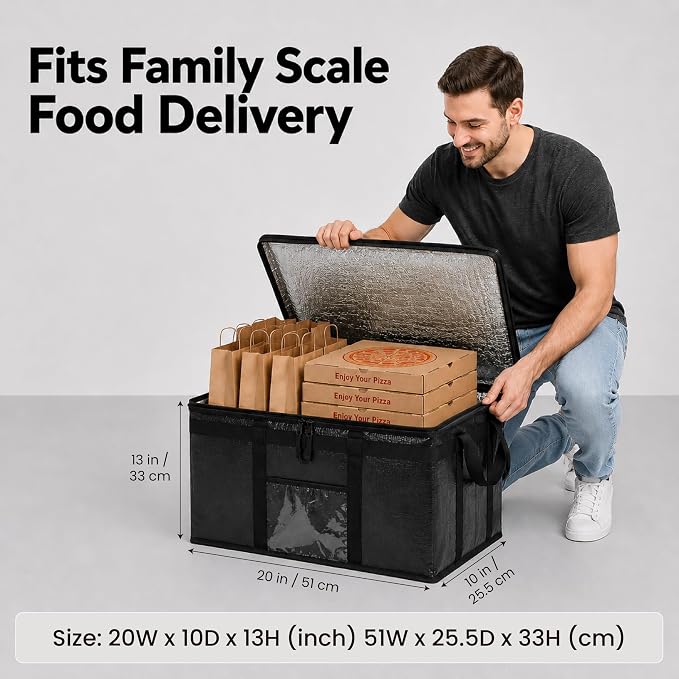 NZ home PRO Large Insulated Food Delivery Bag (2XL, Black, 1 Pack) | Thermal bag, For cold & hot food, Water-resistant, Portable cooler, Soft sided catering tote, Grocery bag with zippered top - Image 3