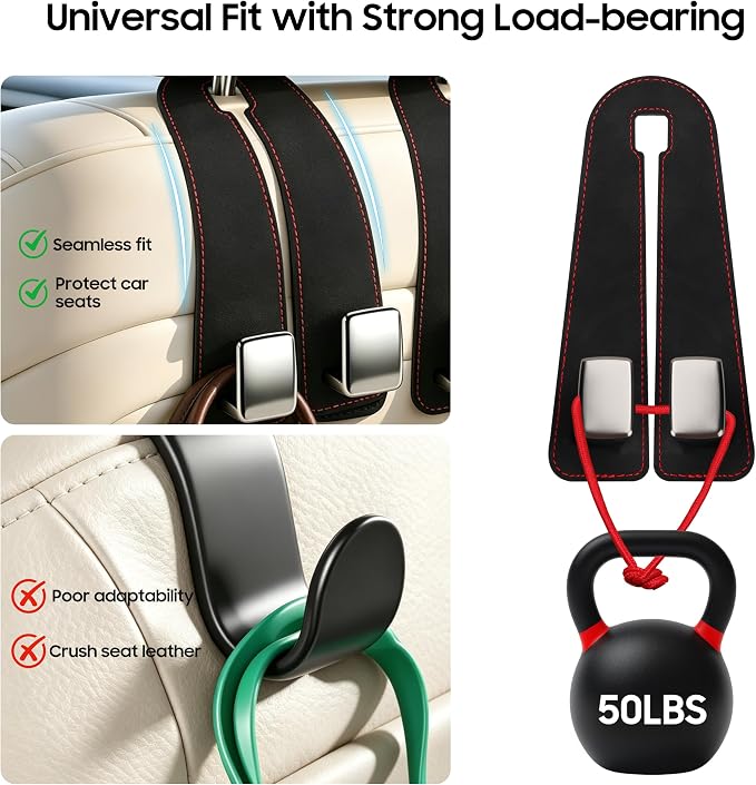 Amooca Car Headrest Hooks 4-Pack Suede Seat Organizer with Metal Core | Universal Fit, Double-hook Design, Backseat Storage for Backpack Umbrella Water Bottle Coat Purses Handbags Groceries, Black - Image 5