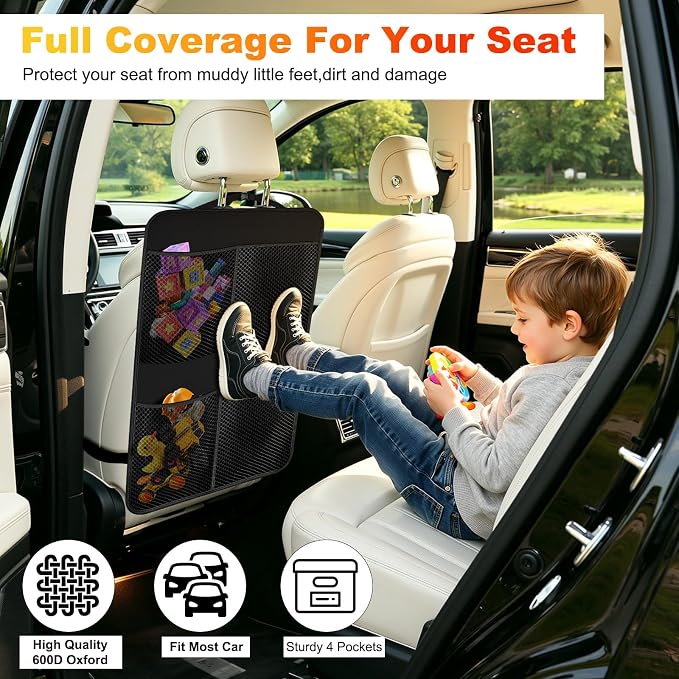 2 Pack Back Seat Cover For Kids + 4 Pocket Storage Organizer,Car Kick Mats Backseat Protector, Car Seat Back Protectors Backseat Organizer For Vehicles - Image 3