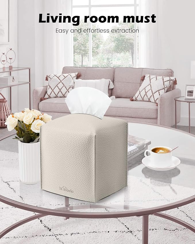 Tissue Box Cover for PU Leather, Modern Simple Solid Color Holder Square Tissue Bag, Ideal for Bathrooms,Office,Car,Outdoor Tent,Dining Table,5"X5"X5", Single Off-White - Image 3