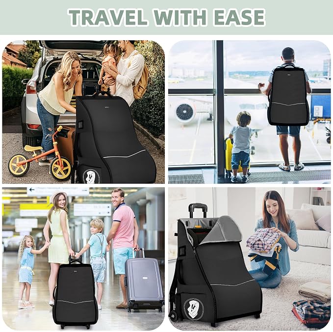 Rolling Car Seat Travel Bag with Wheels – Car Seat Backpack Transport Case for Airplane Travel, Fits Convertible & Booster Seats, Protective Storage Cover, Black - Image 5