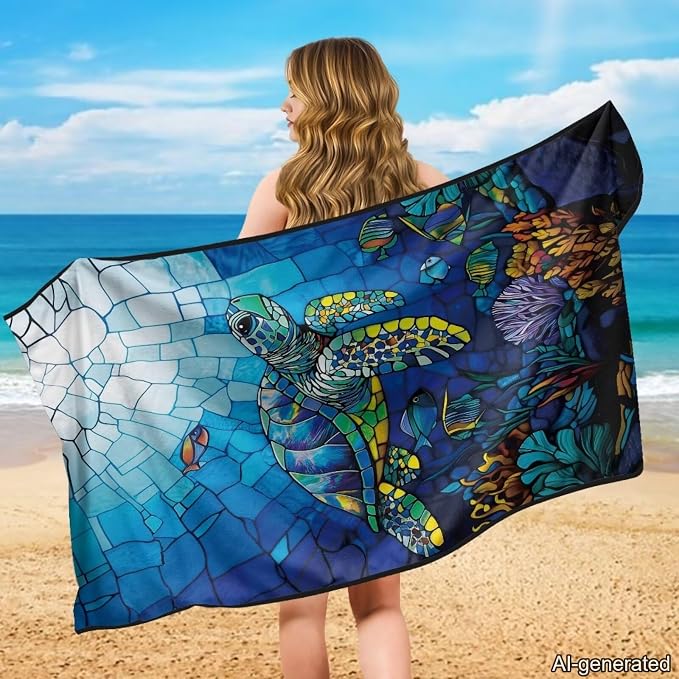 Sea Turtle Print Car Seat Towels for Front Seats Coral Print Towel Bucket Seat Covers with Storage Bag 60 x 33 Inch Absorbent Athletic Towels for Car Seats, Blue - Image 3