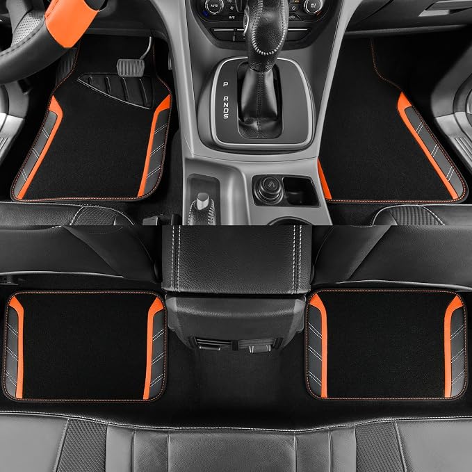 CAR PASS Leather Steering Wheel Cover and Waterproof Car Floor Mats,Microfiber Universal Car Combo Fit for 95% Sedan SUV Van Truck,14.5-15inch Sporty Anti-Slip Safety Comfortable Design, Black＆Orange - Image 6