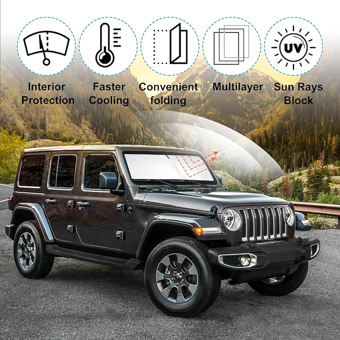Windshield Sun Shade Sunshade for 2018-2026 Jeep Wrangler JL/4XE | Full covered for windshield, Foldable & Durable, Block UV Rays, Reduce Heat, Easy to install, Keeps Car Cooler - Image 2