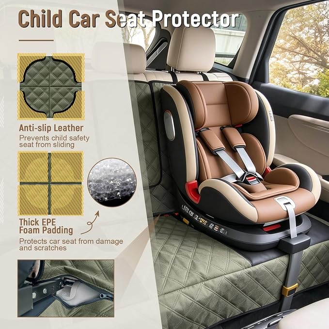 Pet Bench Seat Covers for Trucks, Heavy Duty Nonslip Car Seat Protector with ISOFIX Openings for 1-2 Child Car Seats,Fits Ford 150,Ram 1500,GMC Sierra,Toyota,Ram,Chevrolet Silverado(Green) - Image 2