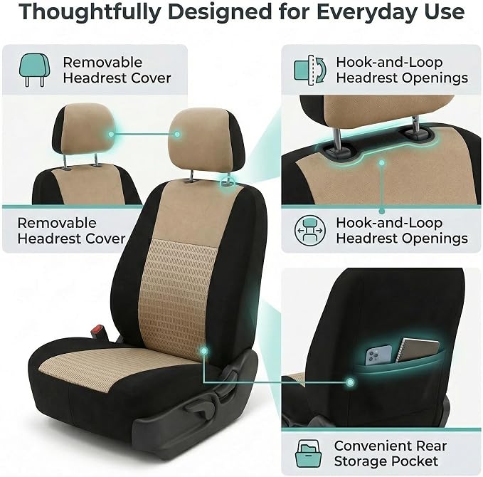 FH Group Universal Car Seat Covers Front Set for SUV Truck Sedan Vans | 3D Textured Breathable Fabric Seat Cover Set Protector with Airbag Compatible Interior Upgrade - Beige - Image 5