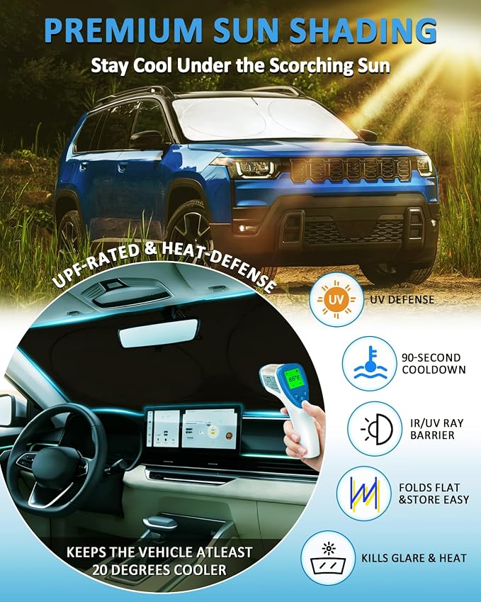 Windshield Sun Shade for 2011-2025 2026 Jeep Grand Cherokee/Grand Cherokee | Custom Fit Grand Cherokee L SUV Accessories Window Sunshade Sun Visor Protector Foldable Blocks UV Rays - Image 2