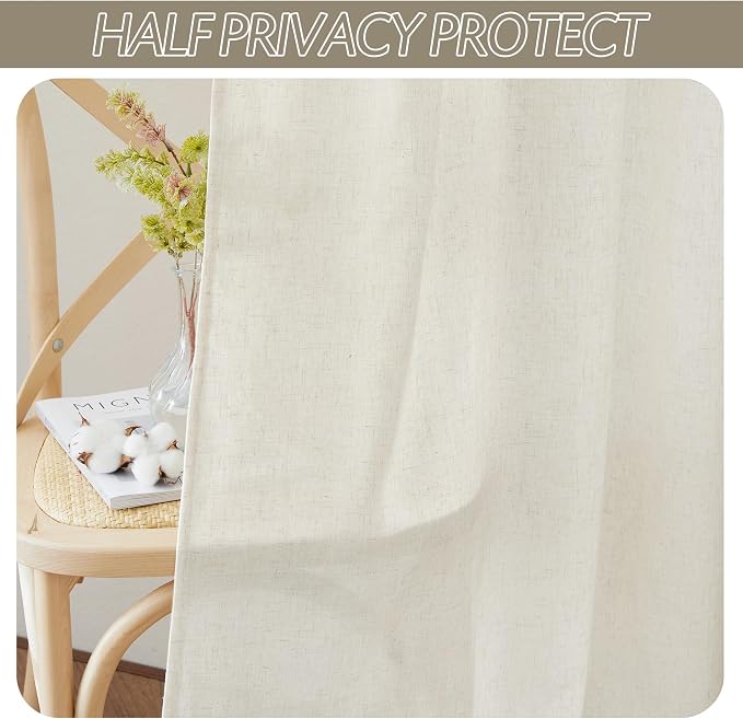 RYB HOME Linen Sheer Curtains 2 Panels for Living Room, Semi Transparent Privacy Drapes with Rod Pocket Farmhouse Style Window Treatments for Bedroom, Linen, 38" W x 84" L - Image 3