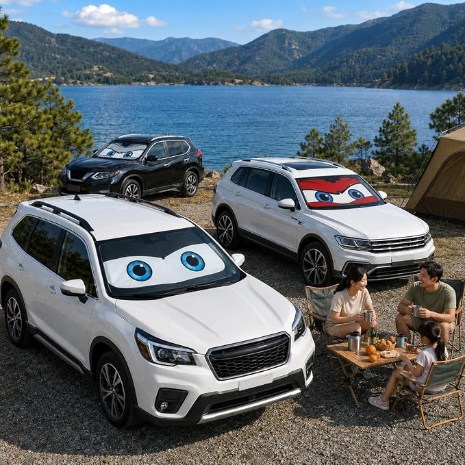 Car Windshield Sun Shade Umbrella, Universal Fit Mid-Large Sedan SUV | 57 x 31" Car Sun Visor, Foldable UV Heat Blocking Front Window Sunshade with Rearview Mirror Cutout, Cute Eyes Series - Image 8