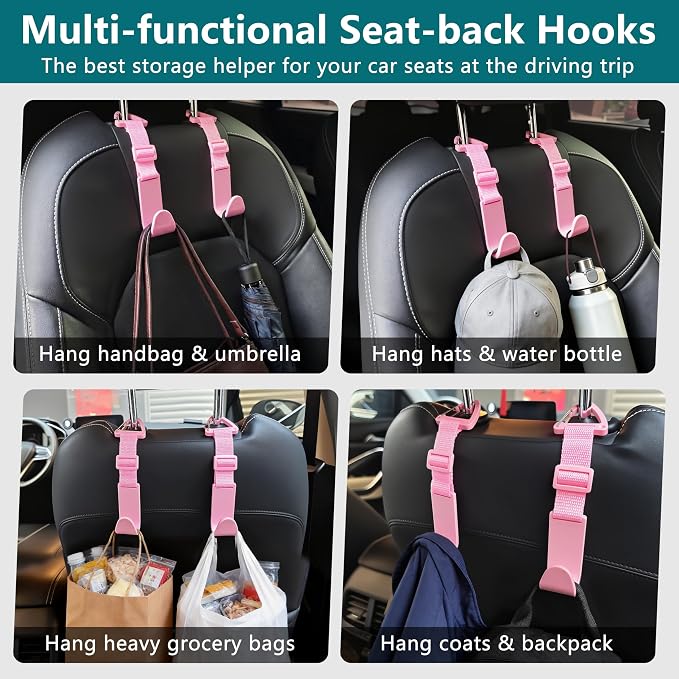 Amooca 4 Pack Anti-drop Headrest Hooks Adjustable Car Seat Organizer | Universal Fit with Clip, Hanger for Backpack Umbrella Water Bottle Coat Purses Handbags Groceries, 40lb Heavy Duty, Pink - Image 4