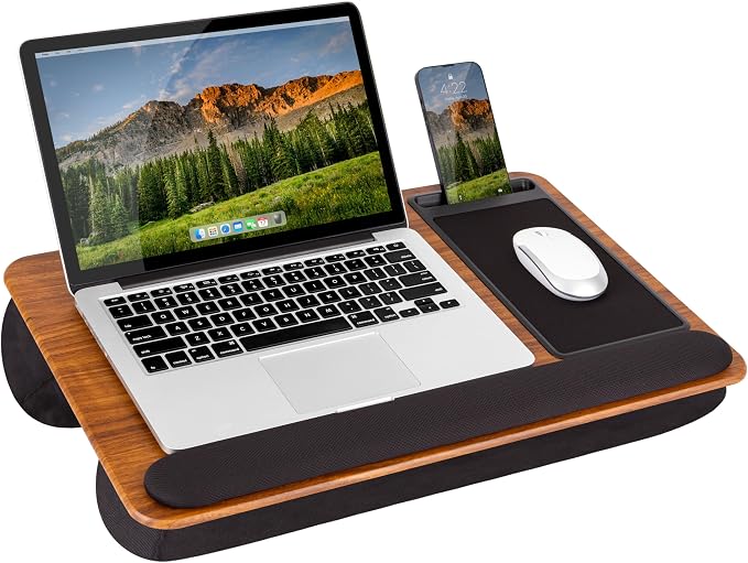 LAPGEAR Home Office Pro Lap Desk – Espresso Woodgrain, Fits 15.6” Laptops | Built-In Mouse Pad & Phone Slot, Wide Cushioned Wrist Rest, Dual-Bolster Microbead Cushion, Carry Handle by LapGear
