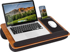 LAPGEAR Home Office Pro Lap Desk – Espresso Woodgrain, Fits 15.6” Laptops | Built-In Mouse Pad & Phone Slot, Wide Cushioned Wrist Rest, Dual-Bolster Microbead Cushion, Carry Handle by LapGear
