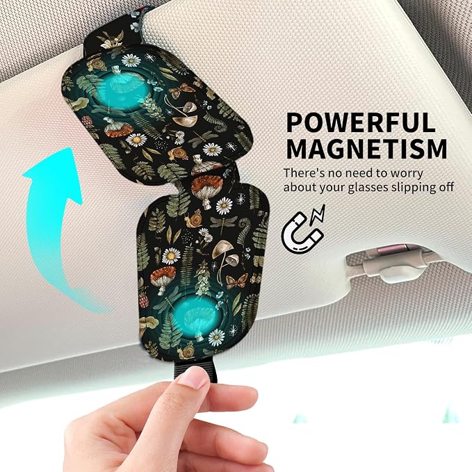 Leather Magnetic Sunglass Holder for Car Sun Visor, Cute Eyeglass Ticket Card Hanger Clip, Universal Auto Interior Accessories for SUV Pickup Truck Mushroom Forest - Image 3