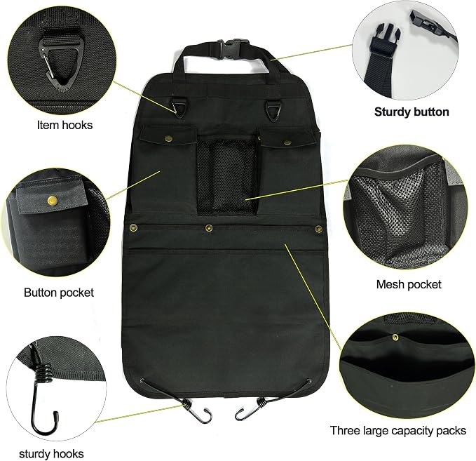 Black Car Seat Back Organizer with Multiple Pockets and Hooks - Image 3