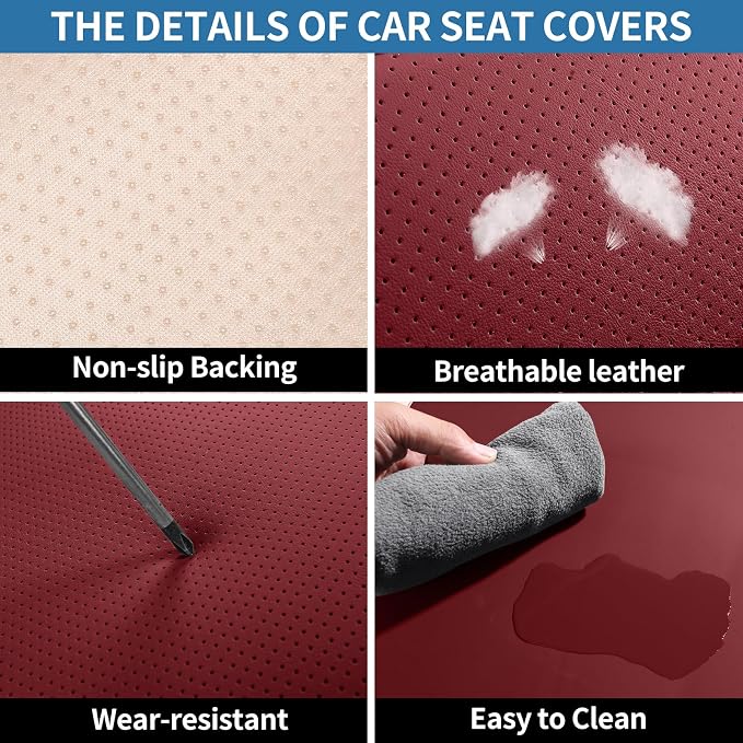 Leather Front Seat Covers for Cars Automotive Seat Protectors | Breathable Waterproof Durable Full Surround & Lumbar Support Design Non-Slip Universal Fit for Most Cars SUVs Trucks Vans Red - Image 3