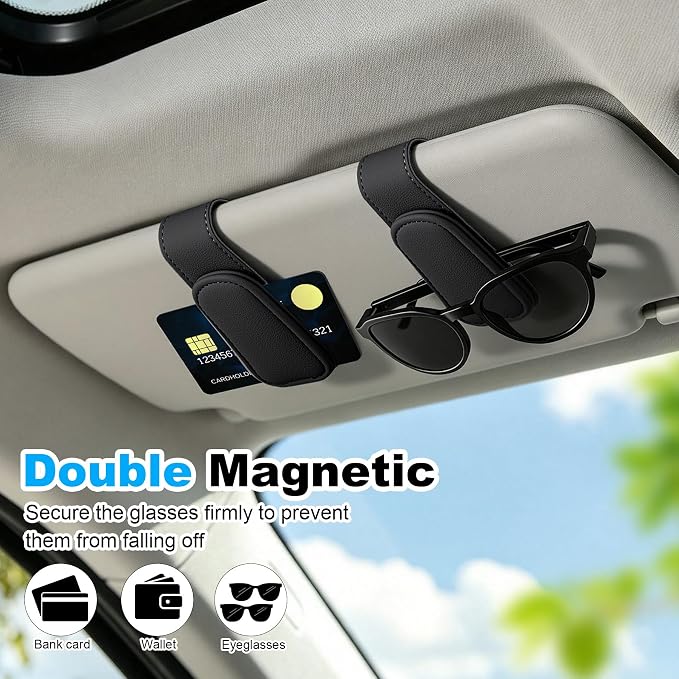 2 Pack Sunglass Holder for Car Visor Magnetic Leather Visor Sunglasses Clip Eyeglass Hanger Clip for Car Sun Visor Black - Image 3