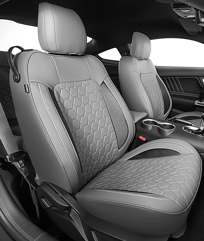 Custom Leather Car Seat Covers for Ford Mustang 2015-2023 Coupe, Gray | Full Coverage Waterproof Car Seat Protector,Front & Rear Full Set,Split Backrest Compatible,Wear-Resistant,Airbag Compatible by Vidokena