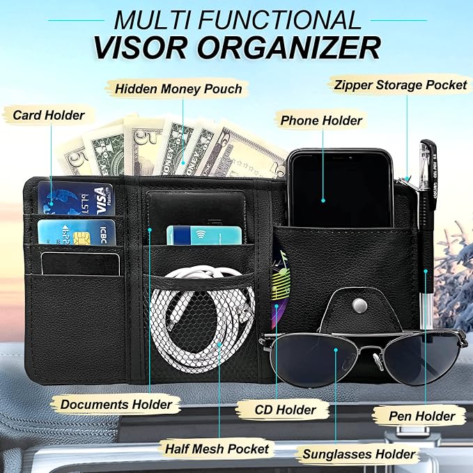 Keedolla Car Sun Visor Organizer, Auto Interior Accessories Pocket Organizer Visor Storage Pouch Sunglasses Holder with Zipper Pocket for Truck, SUV - Black - Image 2