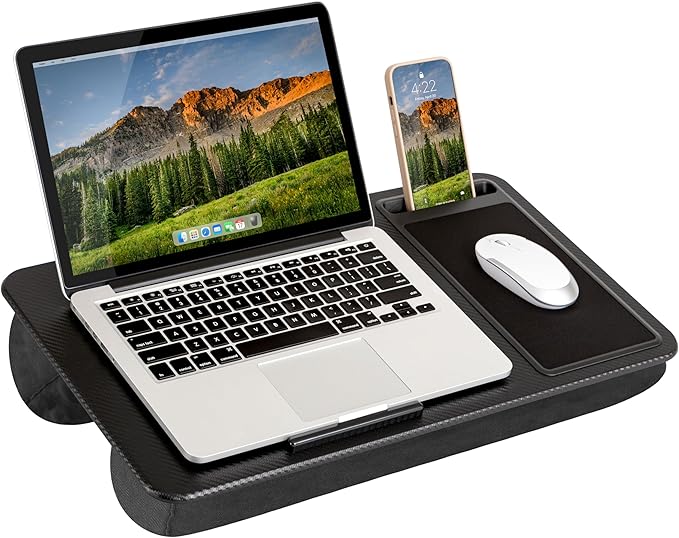LAPGEAR Home Office Lap Desk – Black Carbon, Fits 15.6” Laptops | Built-In Mouse Pad & Phone Slot, Integrated Device Ledge, Dual-Bolster Microbead Cushion, Carry Handle by LapGear