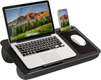 LAPGEAR Home Office Lap Desk – Black Carbon, Fits 15.6” Laptops | Built-In Mouse Pad & Phone Slot, Integrated Device Ledge, Dual-Bolster Microbead Cushion, Carry Handle by LapGear