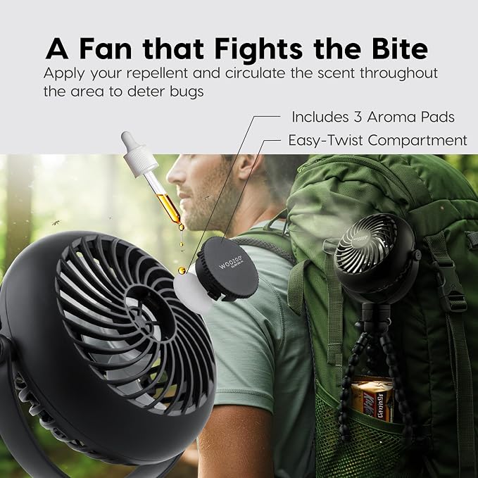 IRIS USA WOOZOO Portable Personal Fan, USB-C Charging, Tripod Stand, Black | LED Light, Mosquito Repellent Tray, 360° Tilt, 3 Speeds, Pet Stroller Car Fan, Camping Golfing Outdoor Use - Image 3