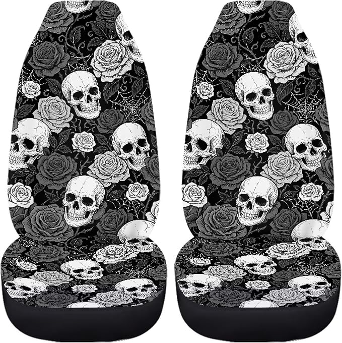 Black White Skull Rose Car Seat Covers Front Seats Bucket Covers | Gothic Halloween Spider Web Automotive Interior Decor Accessories Universal for SUV, Sedan, Van, Truck - Image 3