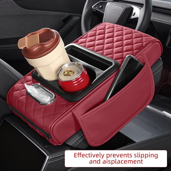 5 in 1 Nappa Leather Console Armrest Cover, Burgundy | Built-in cup holder, tissue slot, phone holder & 2 storage pockets, practical car accessories fit SUV sedan truck - Image 3