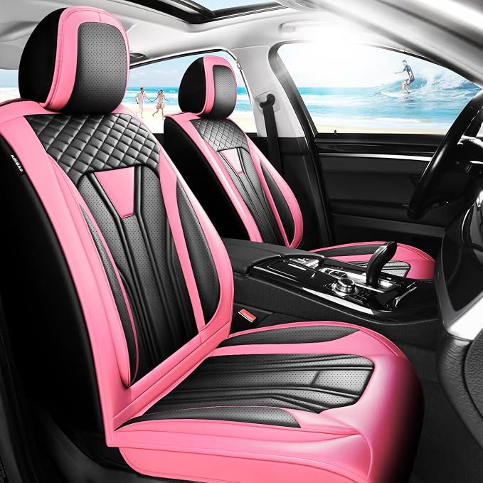 Fit Prius Premium Leather Car Seat Covers for Toyota Prius 2001-2025 2026 - Waterproof，Breathable，All-Weather Seat Cushion Protecto & Airbag Compatible, Full Set Pink&Black by Unknown