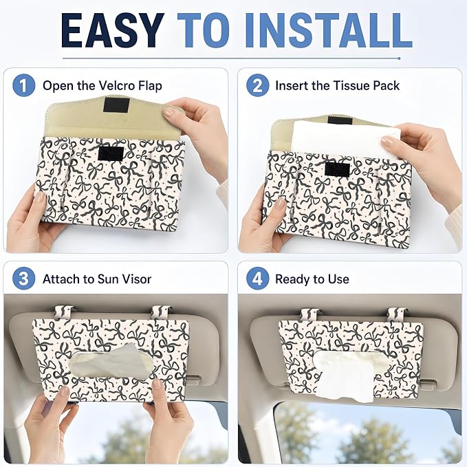 Car Tissue Holder, Cute Sun Visor Napkin Holder Backseat Tissue Case, PU Leather Tissue Box, Funny Car Accessories for Women Men Black White Bowties - Image 3