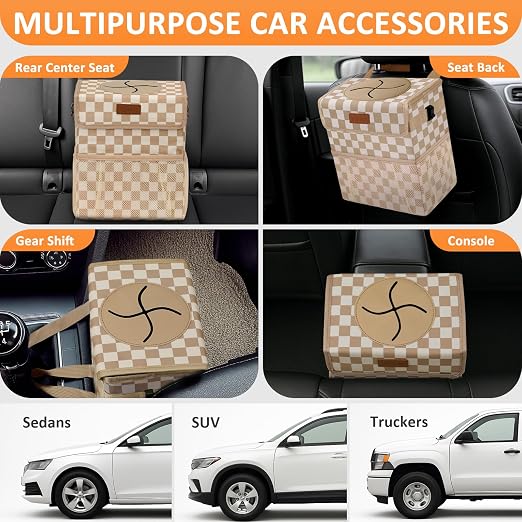Vankor Car Trash Can with Lid Leak Proof Car Accessories for Women | 2.2 Gallon Cute Hanging Car Trash Bin for Men Car Truck Vehicle Interior Automotive Garbage Cans, Khaki Checkered - Image 5
