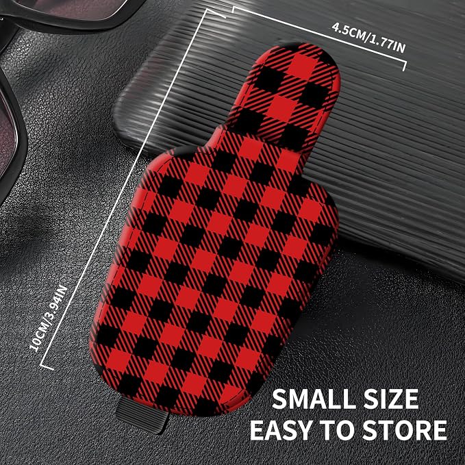 Leather Magnetic Sunglass Holder for Car Sun Visor, Cute Eyeglass Ticket Card Hanger Clip, Universal Auto Interior Accessories for SUV Pickup Truck Red Plaid - Image 4