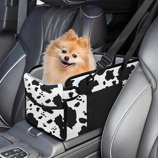 Portable Dog Car Seat for Small Dogs, Puppy Car Seat, Cow Pattern | Booster Seat With Safety Leash & Adjustable Straps Keeps Small Dogs Secure. Removable Washable Cushion. Fits Most Cars. by NECKORY