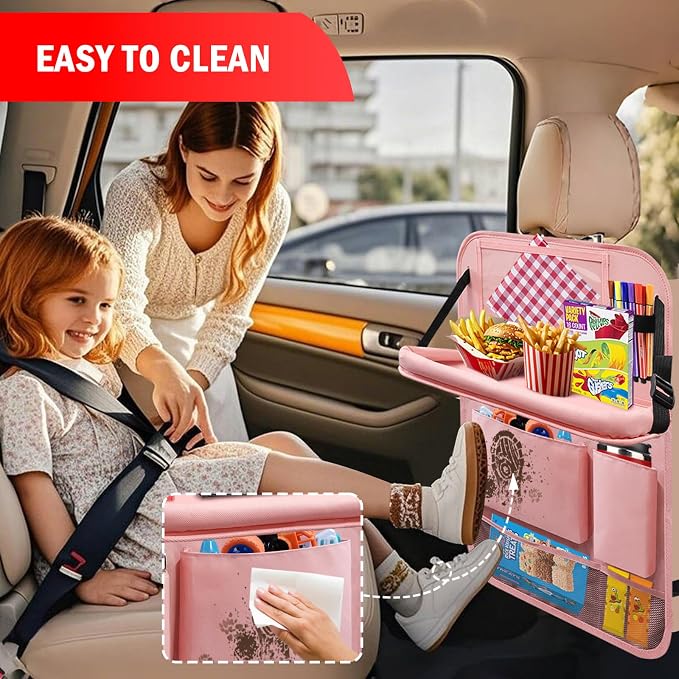 2Pack Car Backseat Organizer with Foldable Table Tray,6 Storage Pockets Car Storage Organizer with Tablet Holder,Car Seat Back Protectors Kick Mats Travel Accessories (Pink) - Image 3