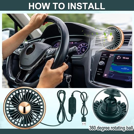 Glooglitter 2 Pcs Car Fan USB for Rear Seat Passenger Portable Headrest 360 Degree Rotatable 3 Speed 12v/ 24v Automobile Ventilation Fan with Clip for SUV Backseat, RV, Vehicles (Novelty,Gold) - Image 4