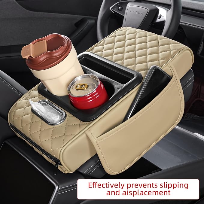 5 in 1 Nappa Leather Console Armrest Cover, Beige | Built-in cup holder, tissue slot, phone holder & 2 storage pockets, practical car accessories fit SUV sedan truck - Image 3