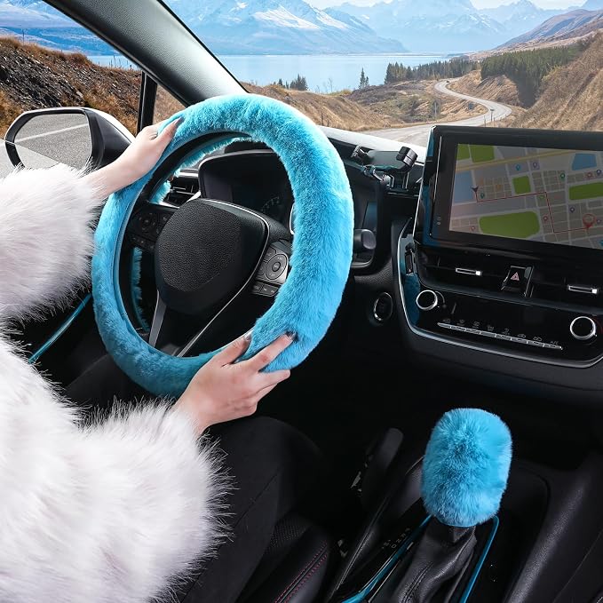 SEG Direct Fluffy Furry Steering Wheel Cover, Fuzzy Gear Shift Cover, Cyan | Gear Shift Cover, 2 PCS Set, Soft and Warm, Cute Fur Auto Car Decor, Standard Size 14.5- 15 inch for Women Men - Image 6