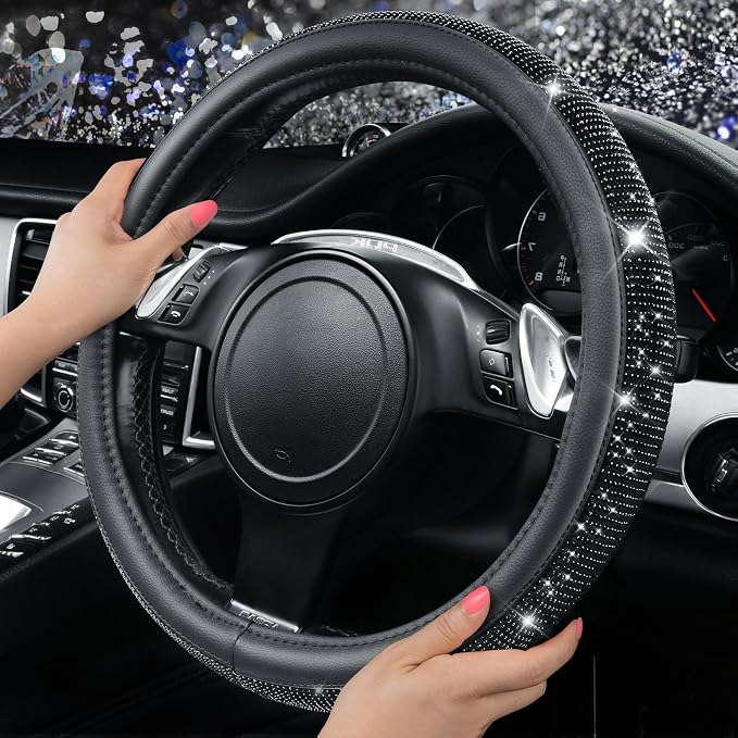 CAR PASS Bling Black Diamond Leather Steering Wheel Cover, with Sparkly Crystal Glitter Rhinestone Universal Fit 15" 1/2-16" Large Size Car Wheel Protector for Women Girl Fit Car,SUV,Van,Sedan, Black - Image 2