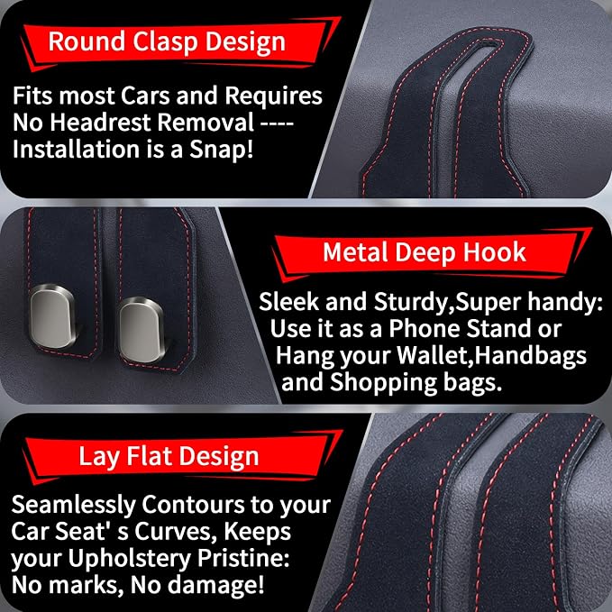Car Purse Hook, Car Seat Headrest Hooks, Black Leather 4 Pack | Car Purse Holder Hooks, Universal Car Hangers Seat Back Organizer Storage, Double Metal Hooks for Grocery Purses and Bags - Image 4