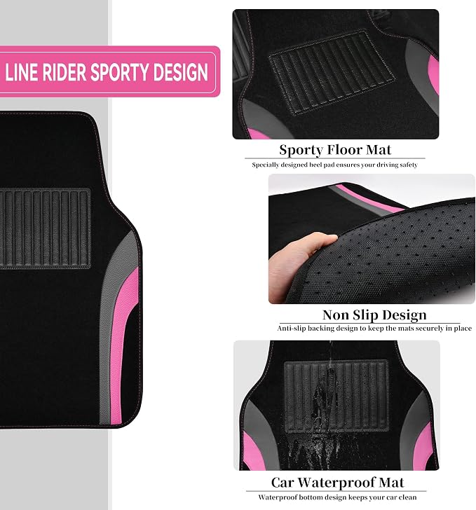 CAR PASS Leather Sporty Car Floor Mats Carpet, Universal Waterproof Automotive Floor Mat Fit for Sedans, Cars, Mid Trucks, Vans, SUV, Set of 4 (Black and Pink) - Image 3