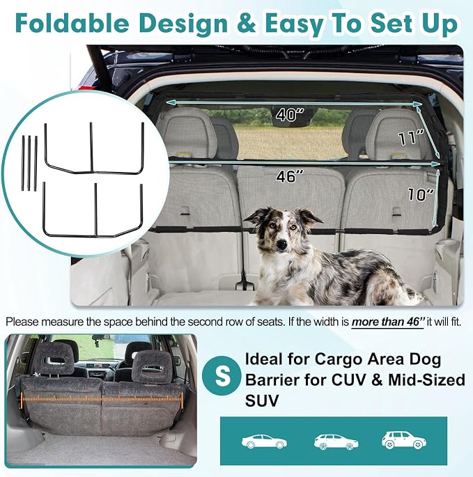Dog Car Barrier Escape-Proof, 46" Wide Car Divider for 3rd Row Seats & Cargo Area, Durable Cargo Area Dog Car Gate Trunk Barrier with See Through Net Mesh for Small Sized SUV & Vehicles Or Hatchback - Image 7