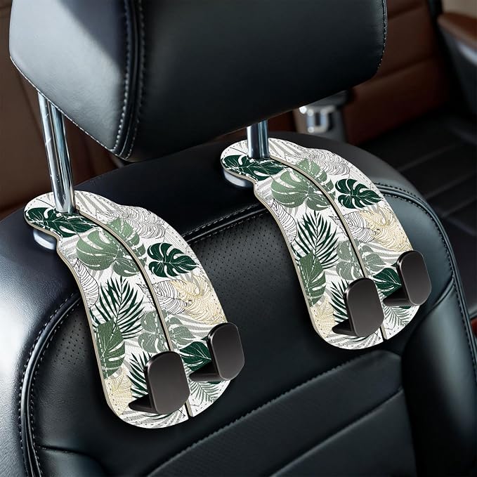 Blusabaca 2PCS Car Seat Headrest Hooks, Purses Bags Holder, Tropical Leaf | PU Leather, Double Metal Back Storage Hangers for Grocery Bags Handbags Bottles Coats Phones, Car Accessories Organization by Blusabaca