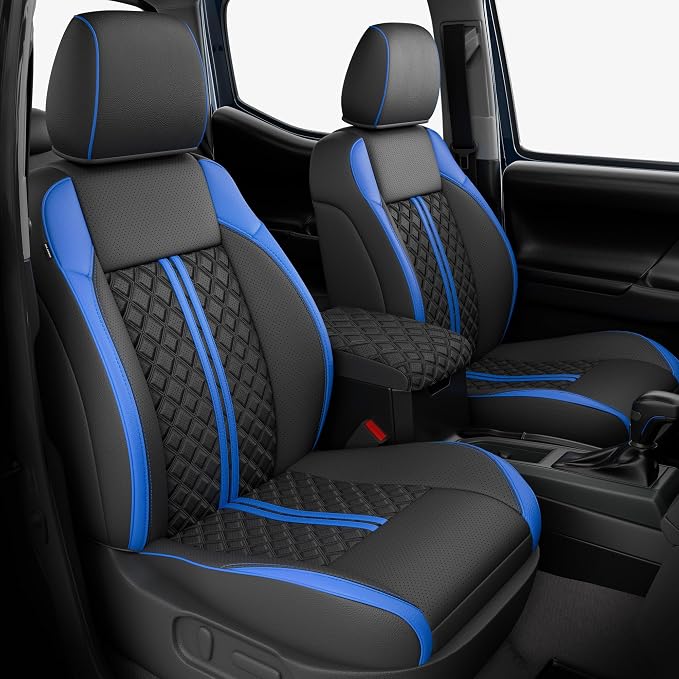 RIDEPOSH Custom Leather Seat Covers for Toyota Tacoma Double Cab 2016-2023 | full set, BKblue, OEM fit, premium waterproof leather, anti-slip, extra pockets, long-term durability, airbag compatible by RIDEPOSH