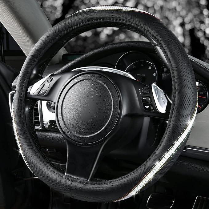 CAR PASS Bling Diamond Black Leather Steering Wheel Cover, Studded Crystal Rhinestones Universal Fit 14" 1/2-15" Glitter for Women Sparkle Girl Fit Suvs,Vans,Sedans,Car,Trucks, Multicolor Diamond - Image 3