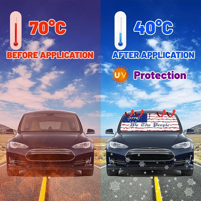 CHILL·TEK Funny Car Windshield Sun Shade Umbrella, American Flag Car Sun Shade Umbrella, Block UV Rays Heat Foldable Windshield Umbrella Sun Visor Protector - Keep Vehicle Cool for Cars SUV - Image 3