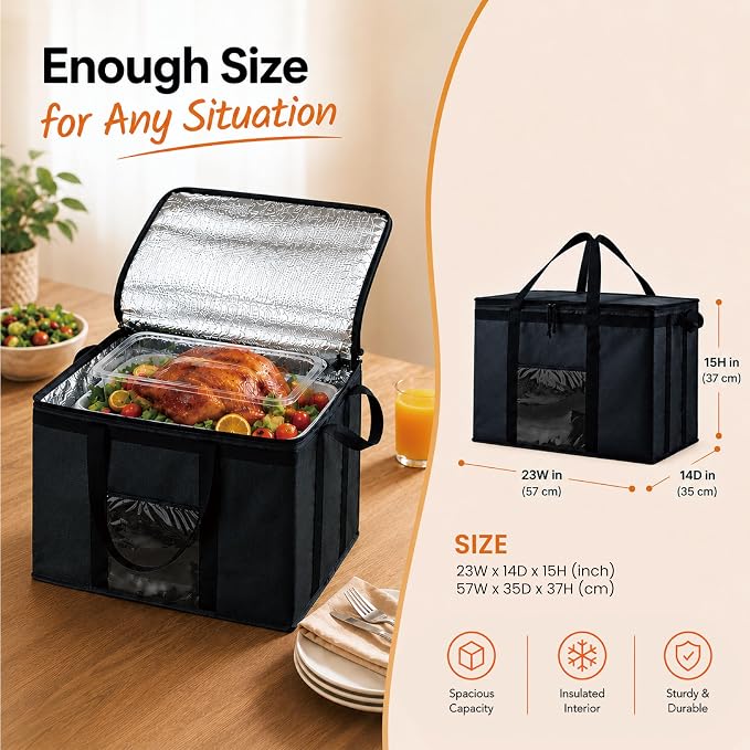 NZ home Insulated Food Bag, Portable Cooler Tote (3XL, Black, 1 Pack) | Large thermal bag, For cold & hot food, Soft sided cooler, Heavy duty carrier, Grocery shopping, Food delivery, Catering bag - Image 5